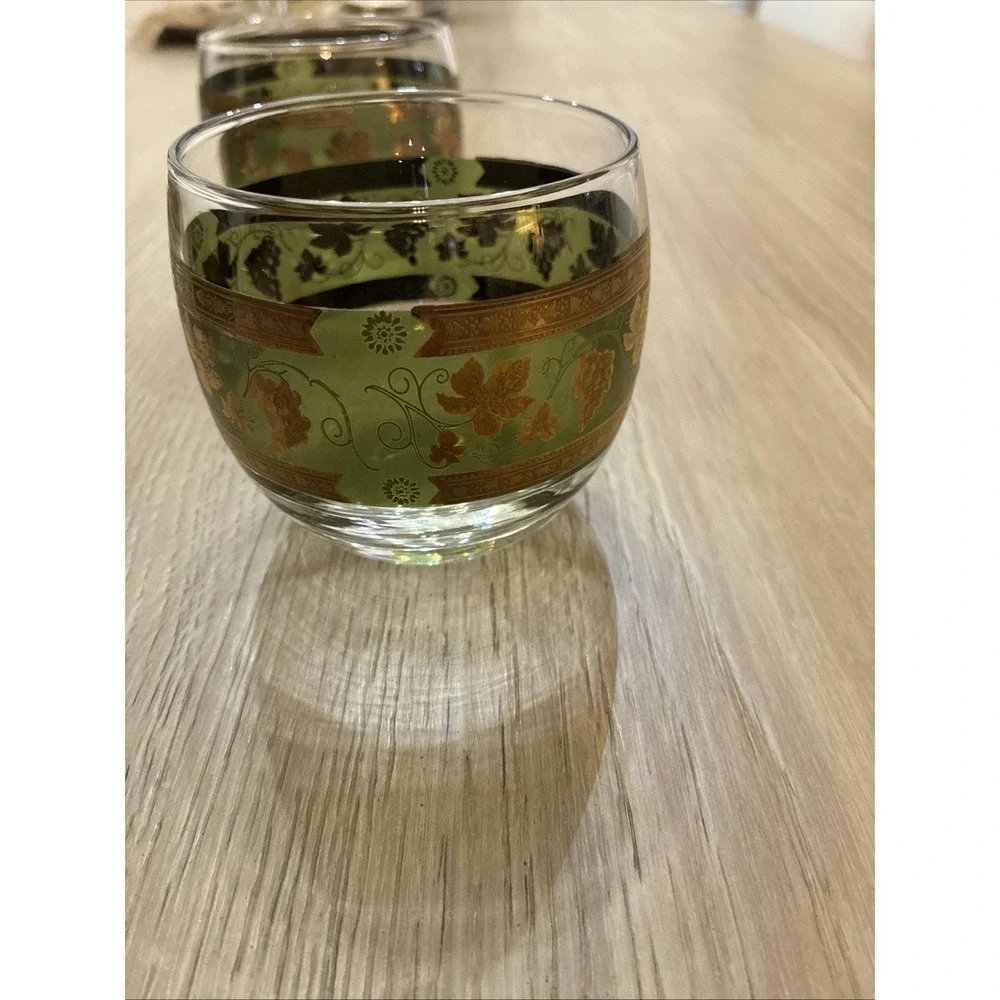 4pc VTG 60s MCM Roly Poly Cera Glass 22K Golden Grapes Green Highball Tumbler